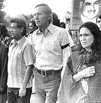 Cesar Chavez, Rep. Don Edwards and Dolores Huerta attend funeral for UFW member killed during 1973 grape strike.